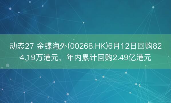 动态27 金蝶海外(00268.HK)6月12日回购824.19万港元，年内累计回购2.49亿港元